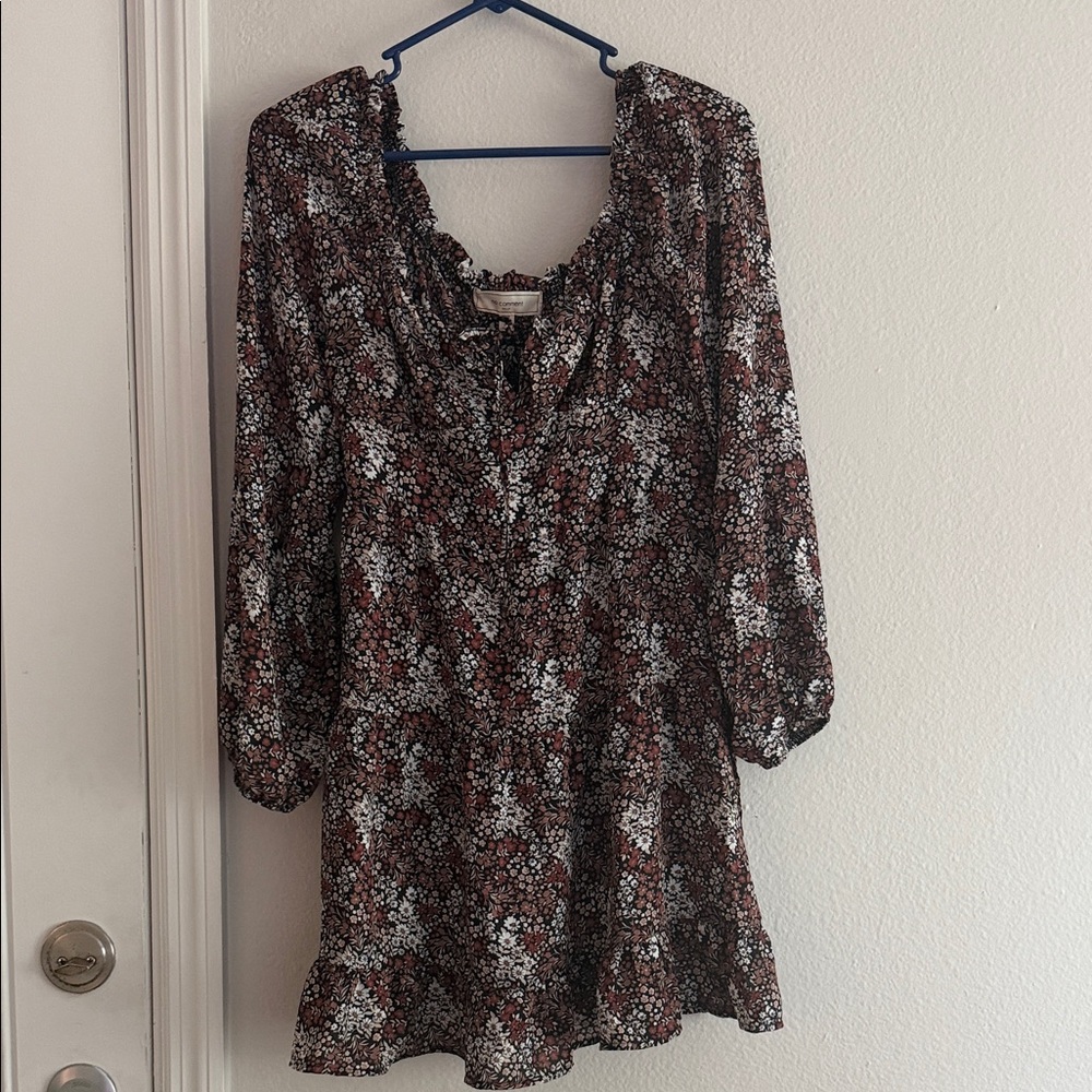 Ruched Floral Mini Dress in Brown and Black